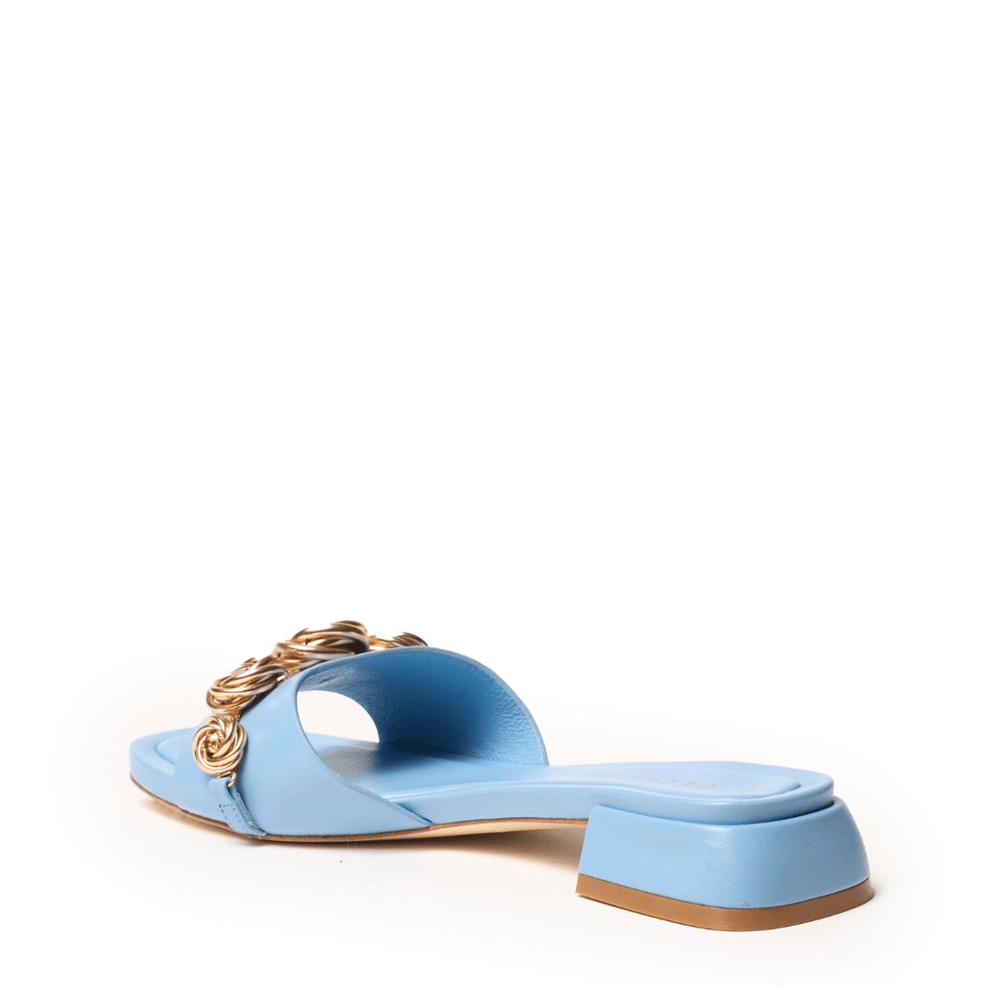 Light blue sandal with gold  roses block low heel
