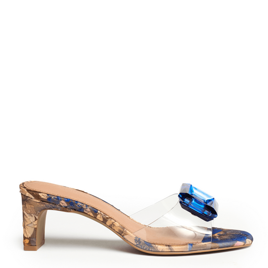 slide sandal blue gold brocade dressy