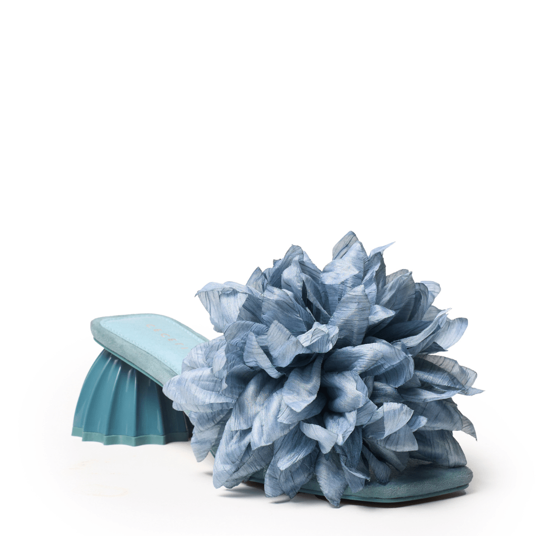 unique blue slide sandal with oversized blue flower