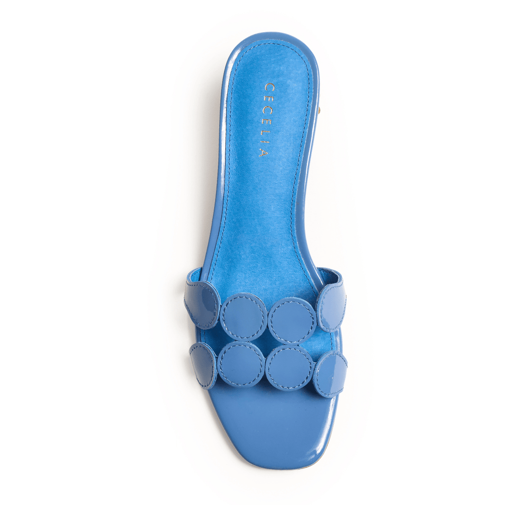 Trendy blue summer slide sandal mid size heel 