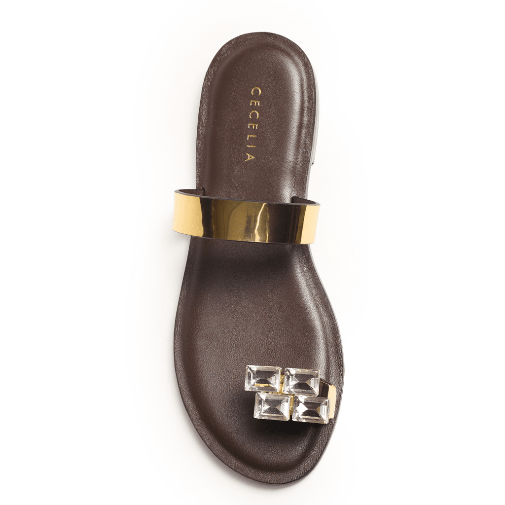 Brown toe-ring sandal with gold strap and gemstone detail 