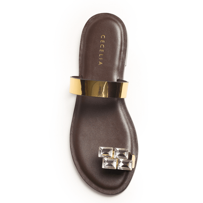 Brown toe-ring sandal with gold strap and gemstone detail 