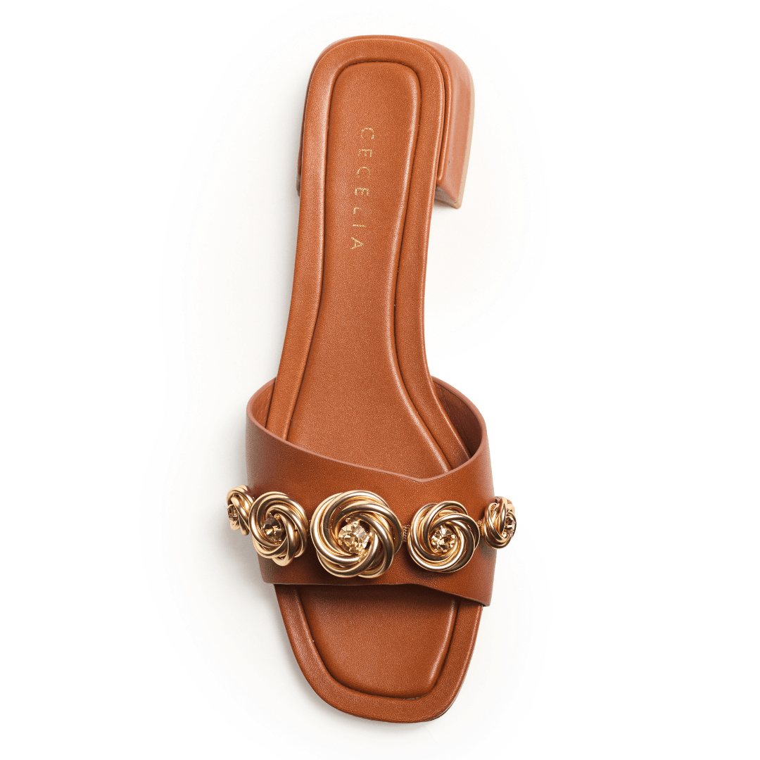 Bonnie Rose Gold Cognac Dress Slide Sandal with block heel