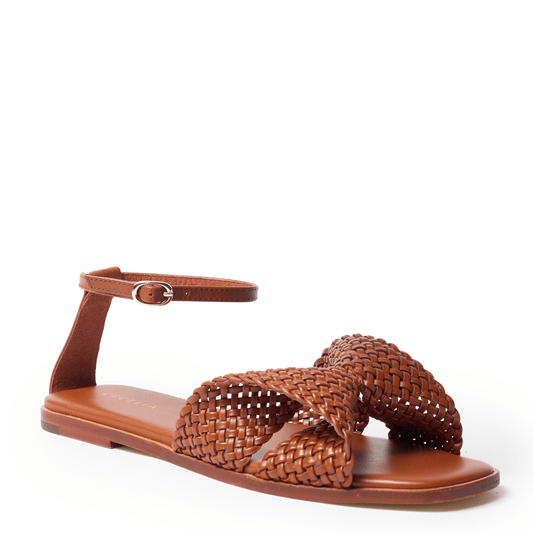 Casual trendy brown woven sandal with angle strap