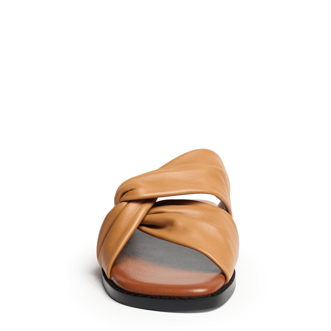 Tan sandal with a knotted top padded footbed