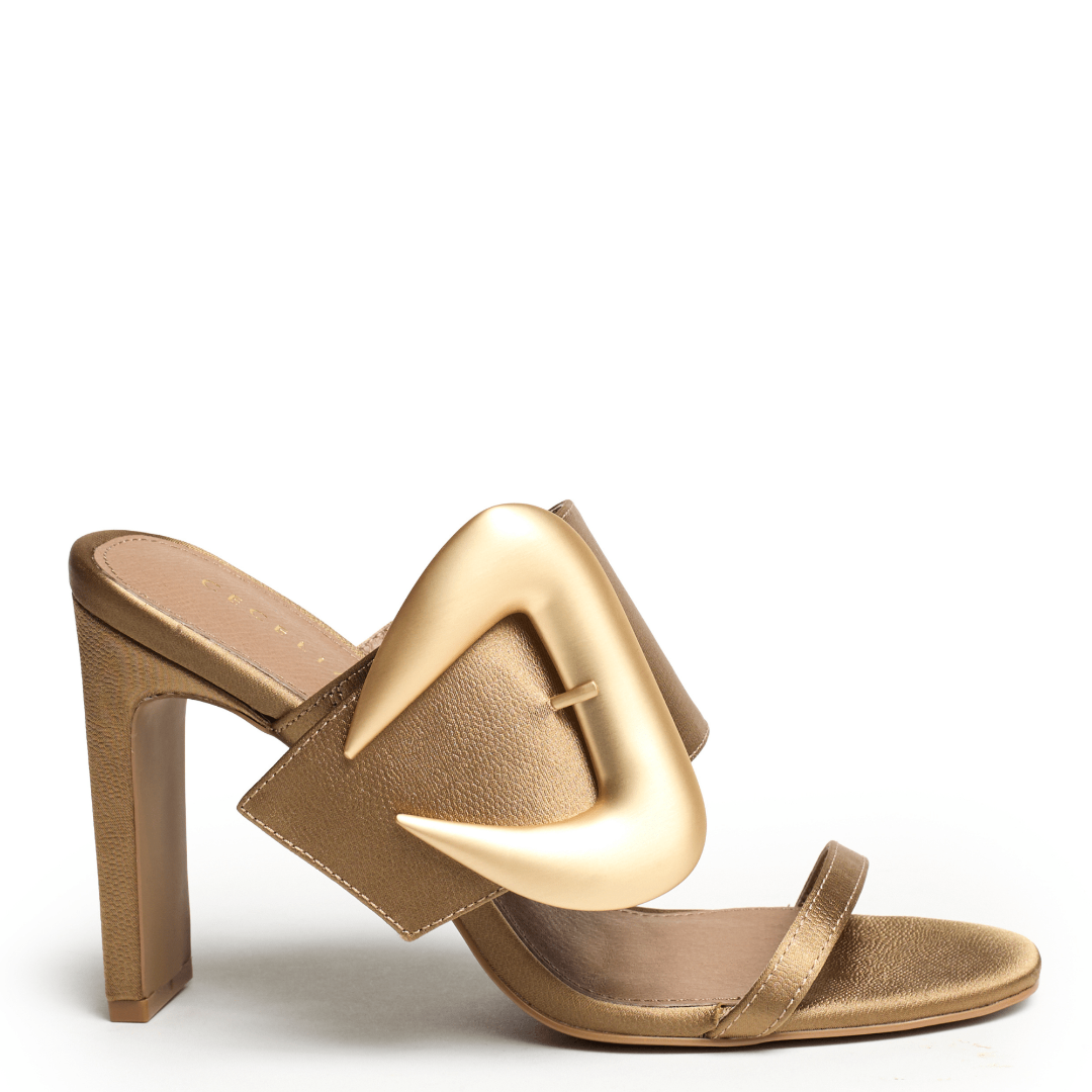 dark gold soft leather high heel slide with buckle Cecelia New York
