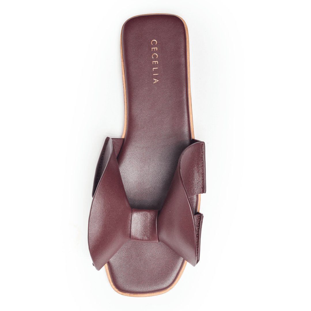burgundy red leather bow sandal flat