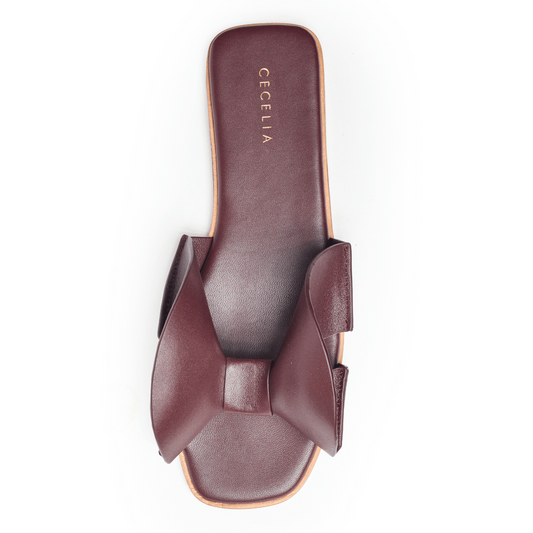 burgundy red leather bow sandal flat