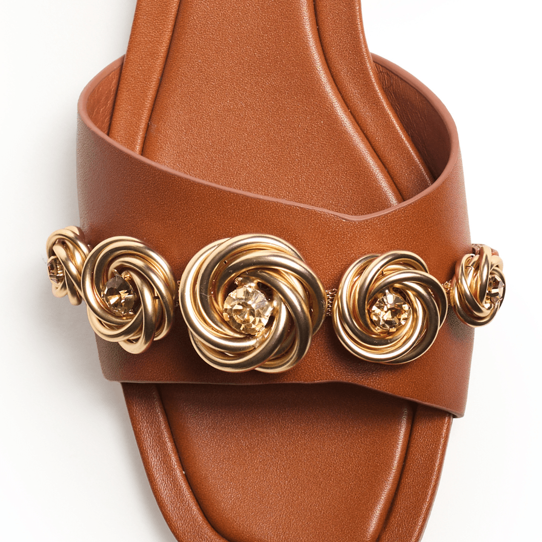 Cognac Dark Tan Flat Sandal Slide Dressy