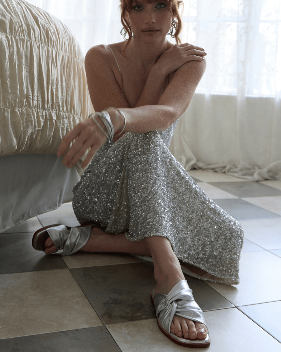 dressy silver flat leather sandals