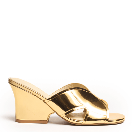 wedge slide sandal mirror gold leather 