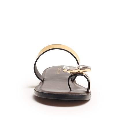 brown sandal with a gold buckle and toe detail