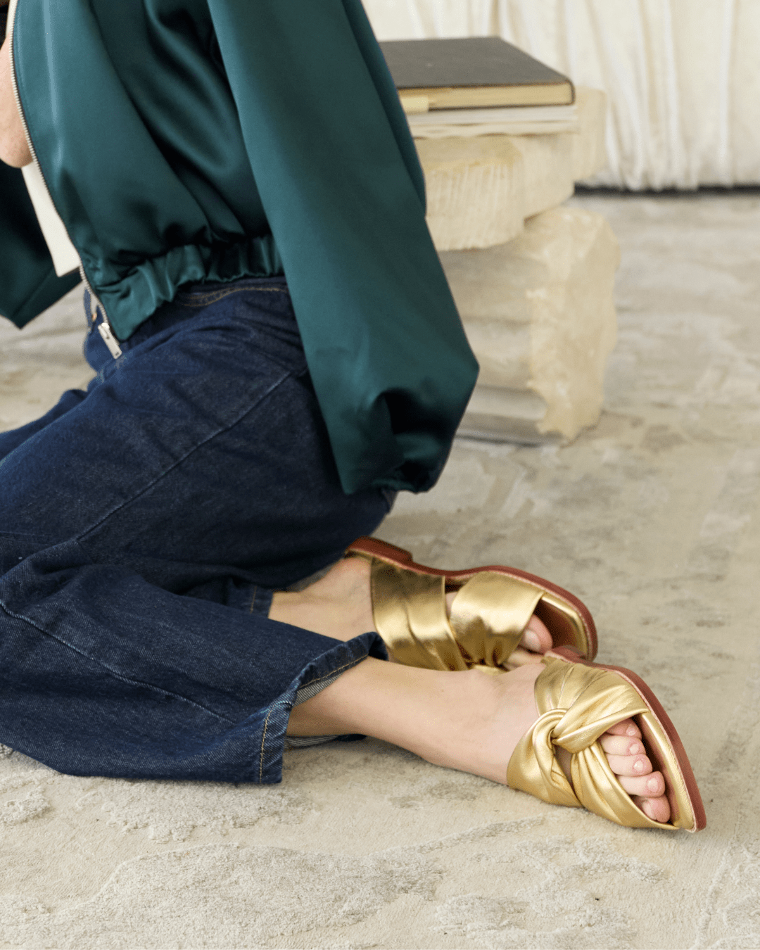 low heal summer sandal in soft metallic gold