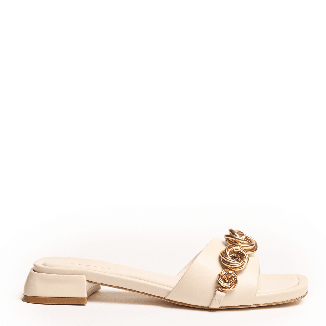Ivory Dress Slide Sandal With Block Heel and Rosette Embellishements