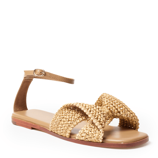 Beige tan sandal with woven design bow and ankle strap on cushioned footbed
