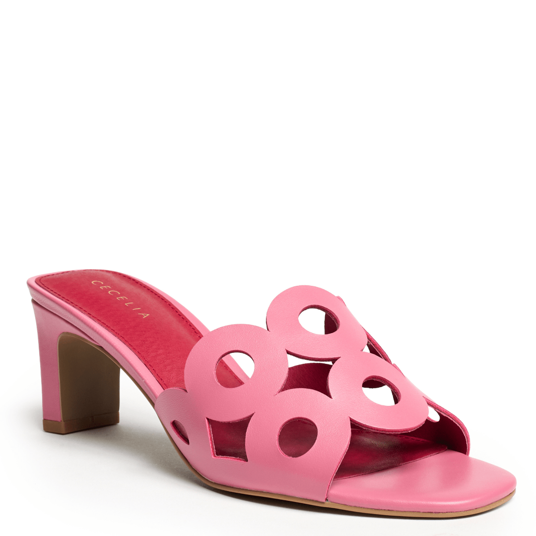 pink leather slide sandal mid heel