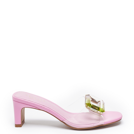 pink slide sandal with iridescent stone gem jewel