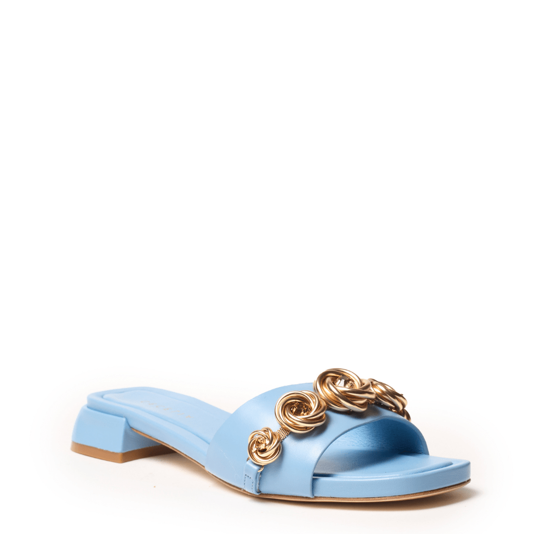 blue sandal with gold rose charms