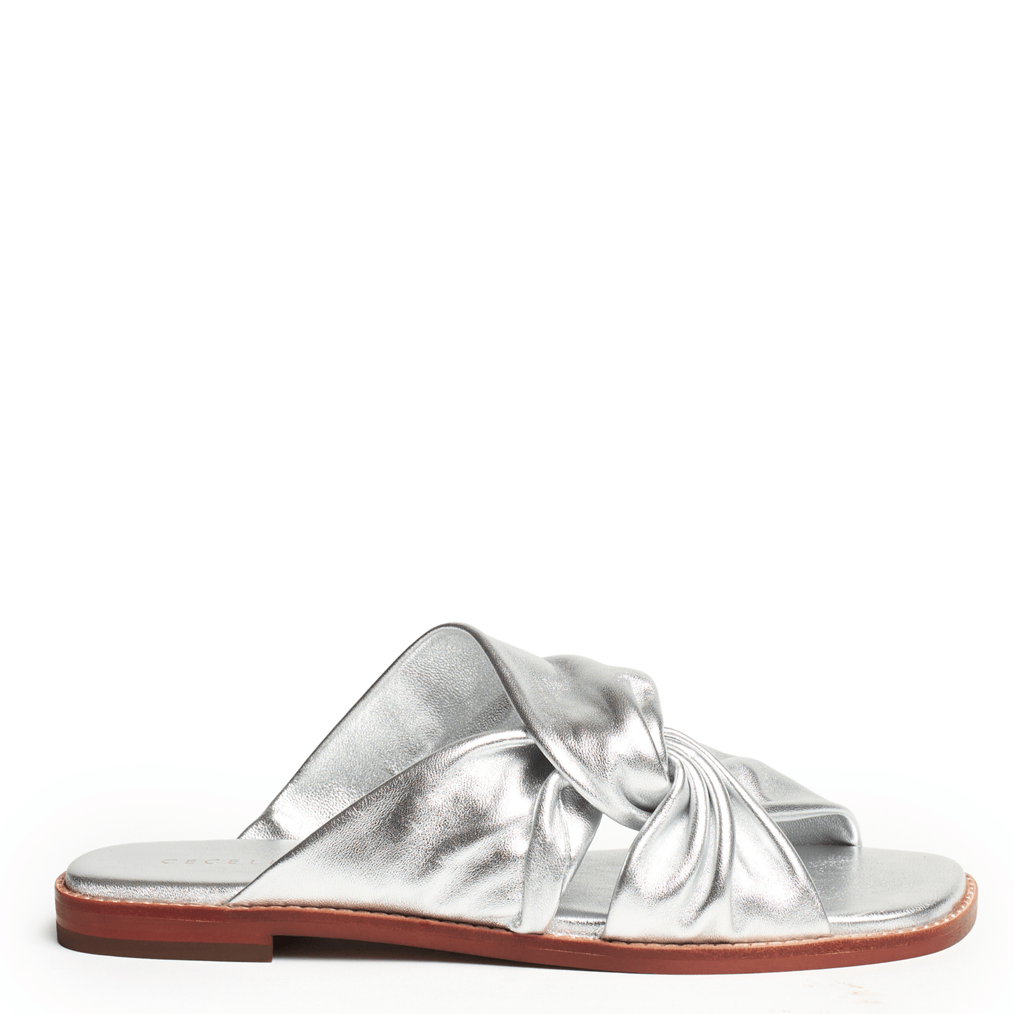 Silver flat sandal with a knotted design 