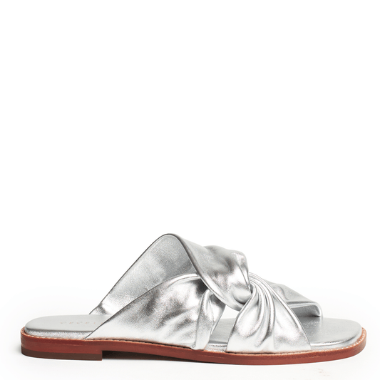 Silver flat sandal with a knotted design 
