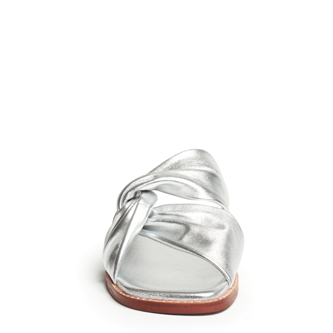 Square toe Silver leather sandal with a brown sole