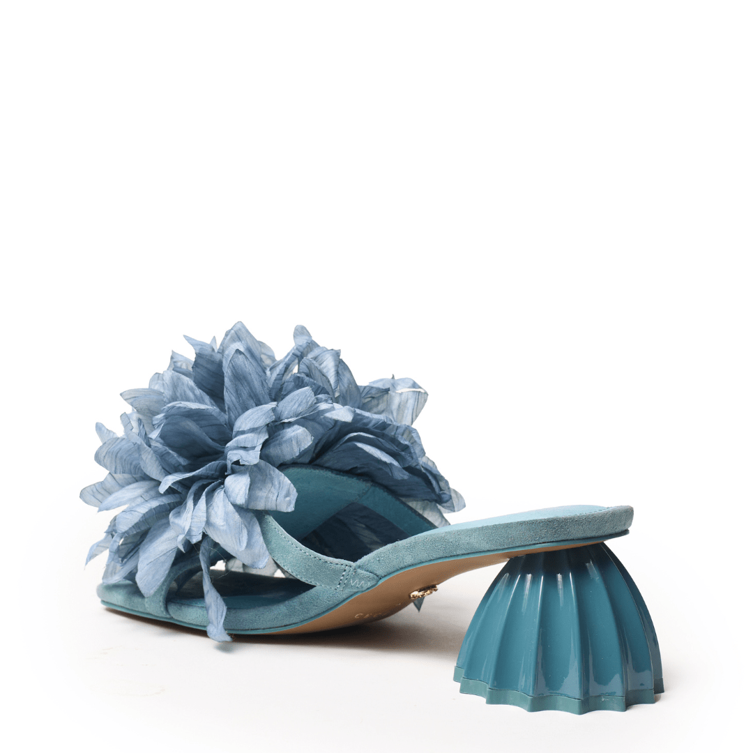 statement blue denim trending slide sandal with flower