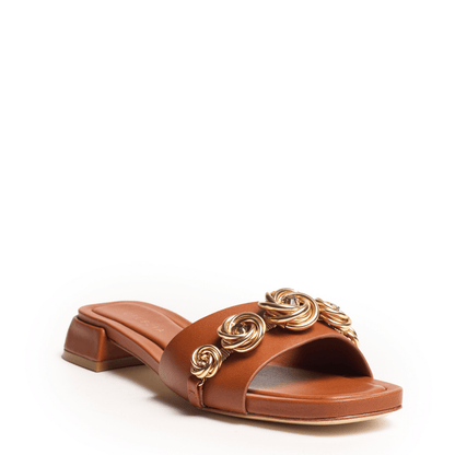 Dark Tan Dressy Slide With Gold Rosette Embellishments