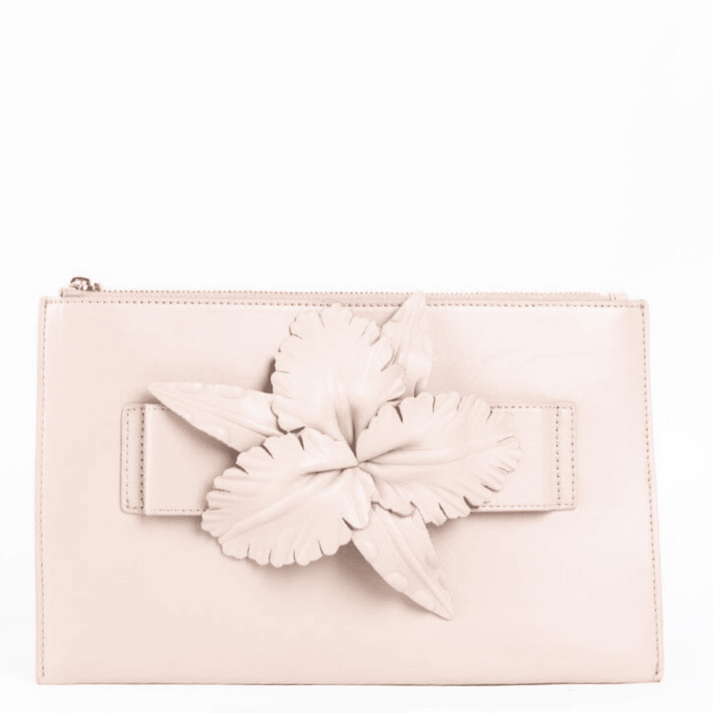 tan leather floral flower clutch handbag Cecelia New York