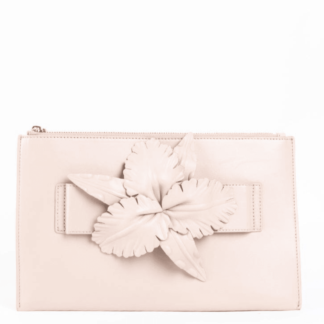 tan leather floral flower clutch handbag Cecelia New York