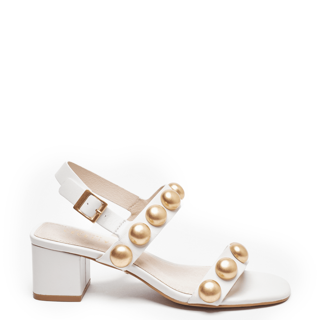 white gold block heel sandal bridal wedding summer ankle strap