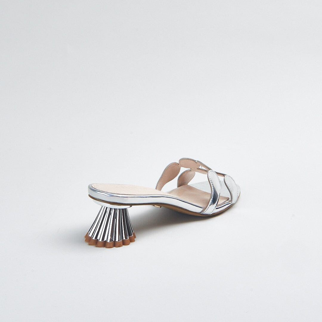 Bright Silver Slide Sandal with sculpture heel