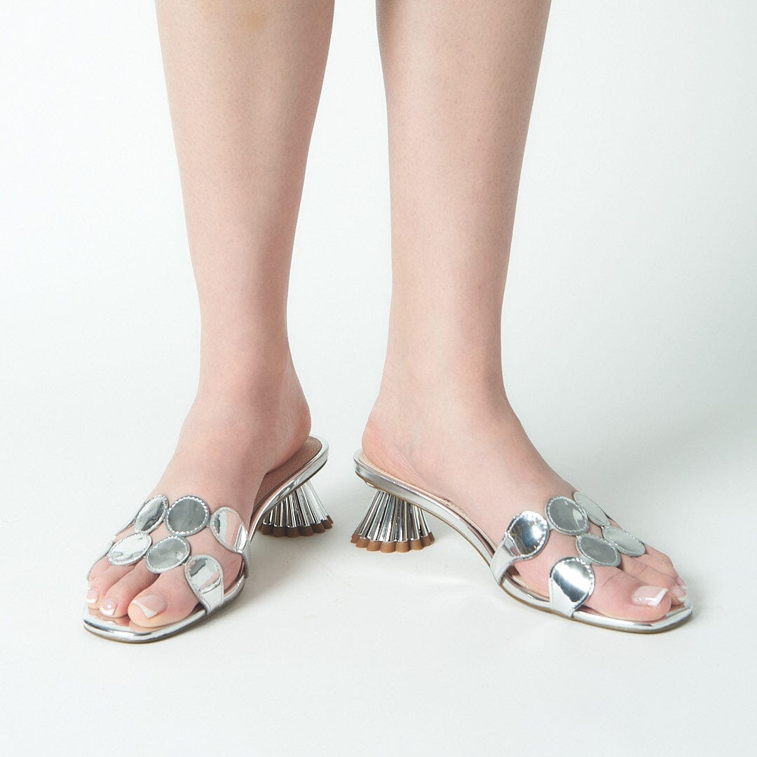 Elegant Silver Sandal with low sculpted heel